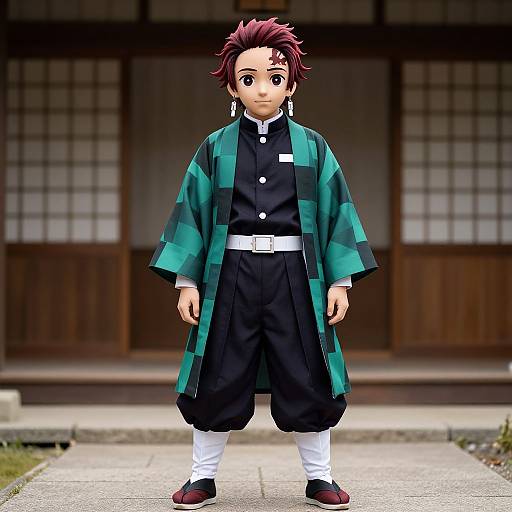 Anime-style digital drawing of a young boy with maroon hair, wearing a green and black hakama, white pants, and red shoes, standing in