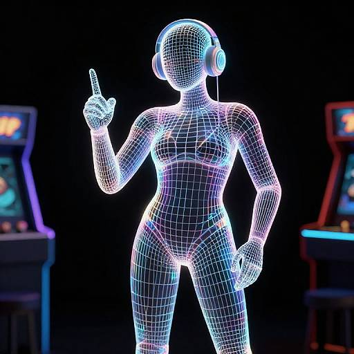 Neon-wireframe female avatar with headphones, index finger raised, standing in front of two arcade machines against a black background. Digital CGI art.