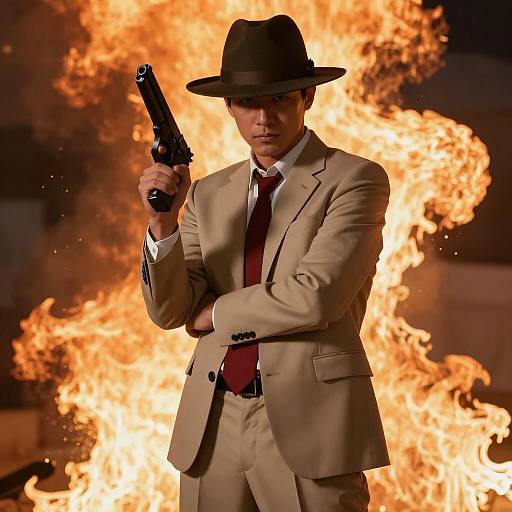 Dramatic Man in Suit with Gun