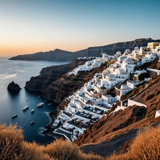 Santorini Cliffs and Whitewashed Buildings at Sunset