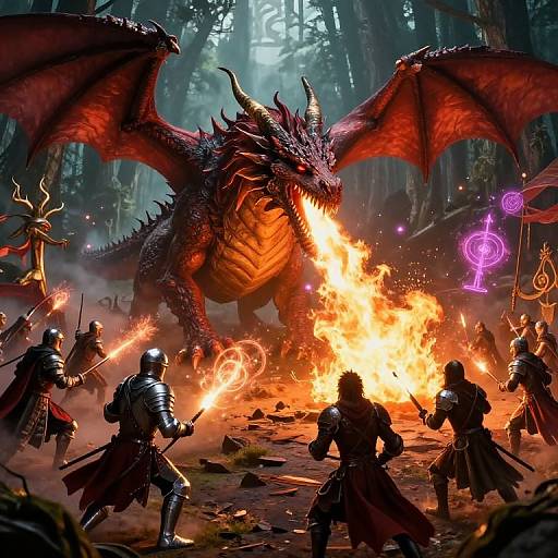 Digital fantasy artwork: Red dragon with fiery breath battles armored warriors wielding swords and magic, surrounded by forest and bright flames.