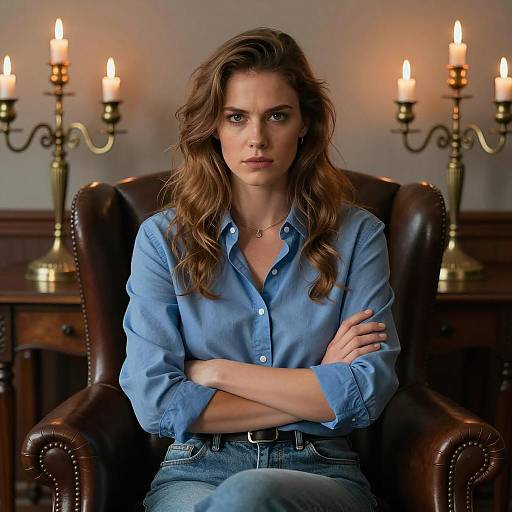 Intense Woman Sitting in Leather Armchair