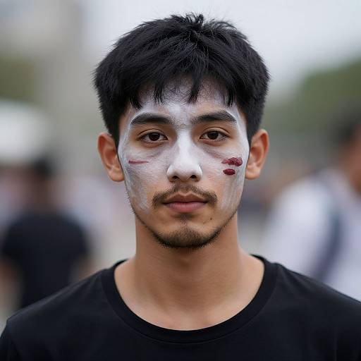 Photograph of a young Asian man with black hair, white face paint, and red markings on his cheeks, wearing a black shirt, standing outdoors with