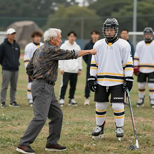 Energetic Old Man and Young Hockey Player
