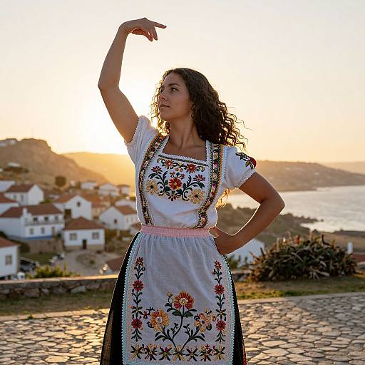 Photograph of a curly-haired woman in a white floral apron, posed with arm raised, at sunset overlooking coastal village houses.