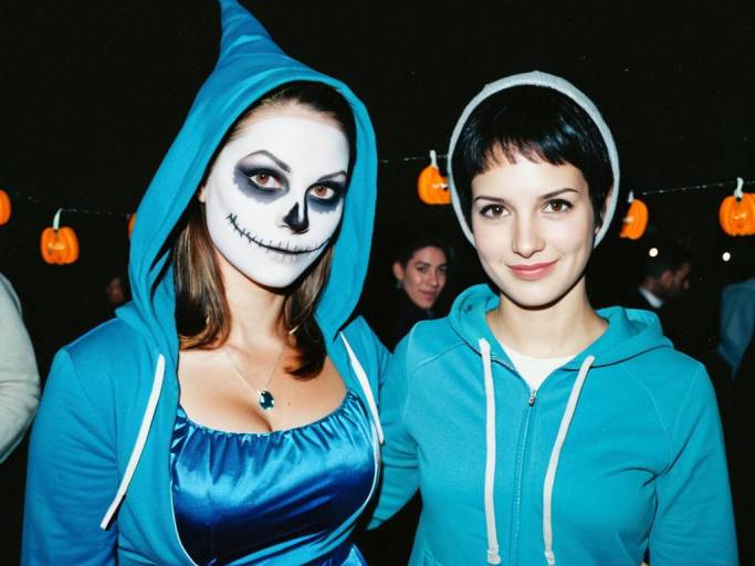 Women at Halloween Party in Blue Hoodies