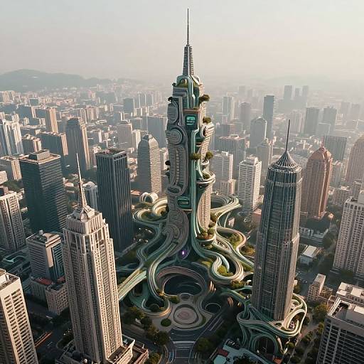 Aerial CGI of a futuristic skyscraper with winding roads and greenery, surrounded by densely packed modern high-rise buildings.