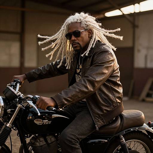 Man with White Dreads on Vintage Motorcycle