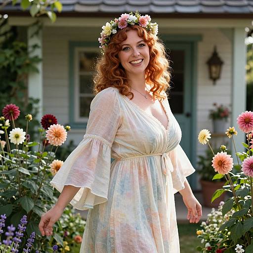 Photograph of a smiling, curly redhead woman wearing a floral crown and pastel dress, standing in a vibrant, sunlit garden with blooming dah