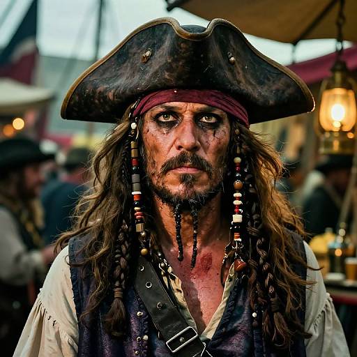 Photograph of a rugged, middle-aged man with long, wavy brown hair, beard, and mustache, wearing a large pirate hat, red