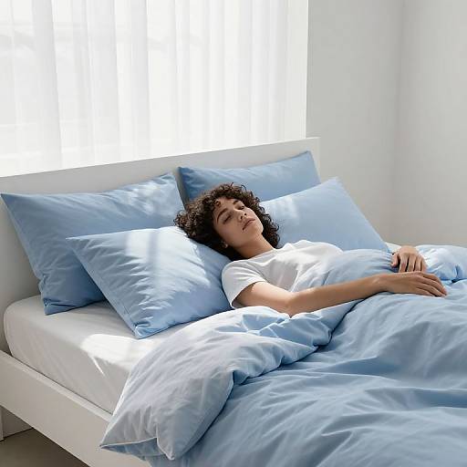 Photograph of a curly-haired woman with medium brown skin, wearing a white t-shirt, asleep in a bed with blue pillows and blankets, bright sunlight