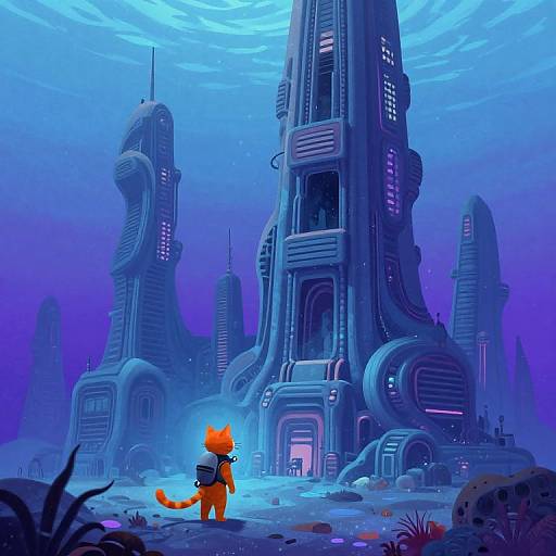 Digital artwork of a futuristic underwater city with glowing blue lights, featuring a small, orange, fox-like character standing in front. Tall, organic, metallic