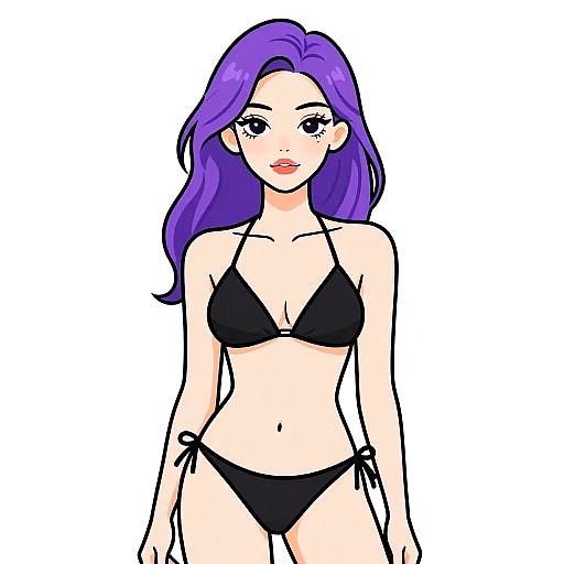 Woman in Black Bikini with Purple Hair