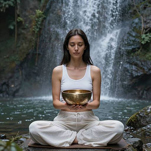 Photograph of a serene Asian woman with long black hair, wearing a white tank top and pants, meditating by a waterfall, holding a golden bowl