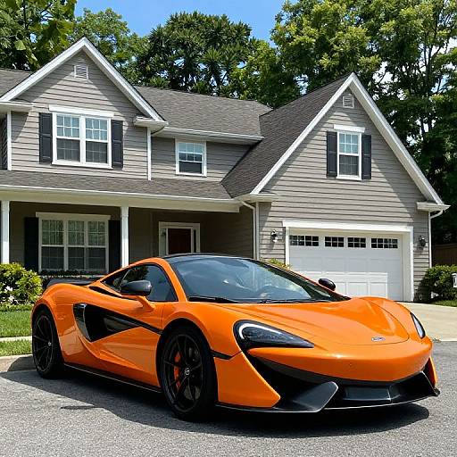 Photograph of an orange, sleek, modern sports car parked in front of a two-story, grey-shingled suburban house with white trim and a