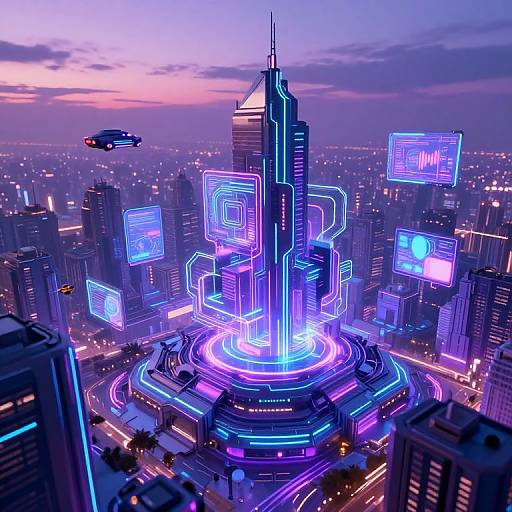 Neon-lit futuristic cityscape at dusk, featuring a glowing skyscraper at center with holographic screens, surrounded by vibrant purple and blue lights,