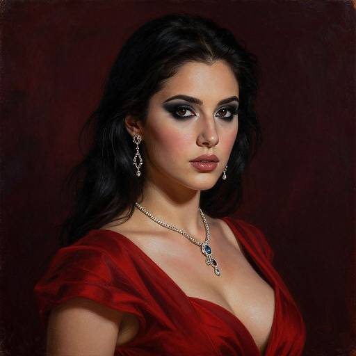 Digital portrait of a woman with dark hair, smoky eye makeup, red dress, and silver jewelry, against a dark background.