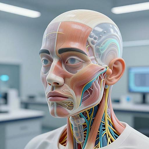 Photorealistic CGI of a human head showing detailed muscle, nerve, and vascular anatomy, in a bright medical lab setting.