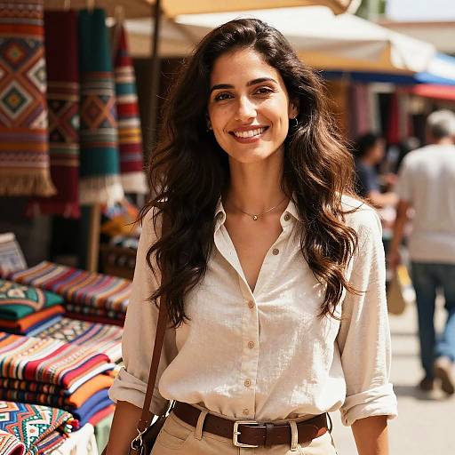 Smiling Woman at Colorful Market Stall