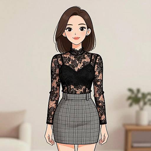 Chic Woman in Lace and Plaid