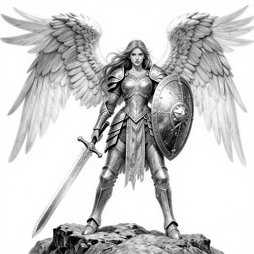 Black-and-white digital drawing of a winged, armored female warrior with long hair, standing on a rock, holding a sword and shield.