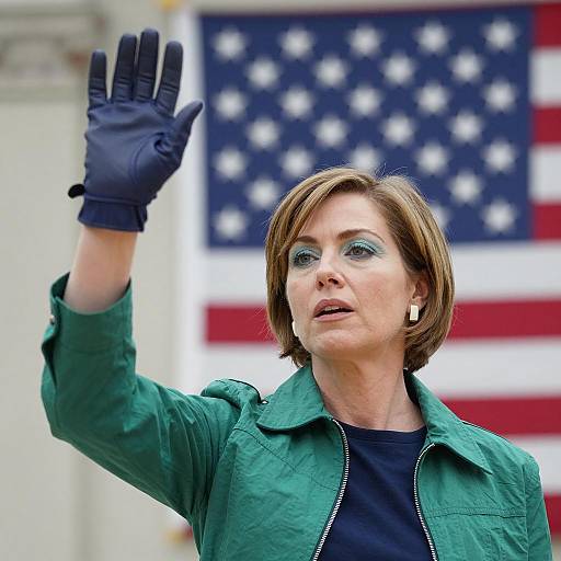 Woman Raising Hand with American Flag Background