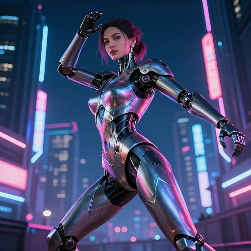 CGI image of a strong, fair-skinned woman in a metallic, futuristic bodysuit, fighting pose in a neon-lit, cyberpunk