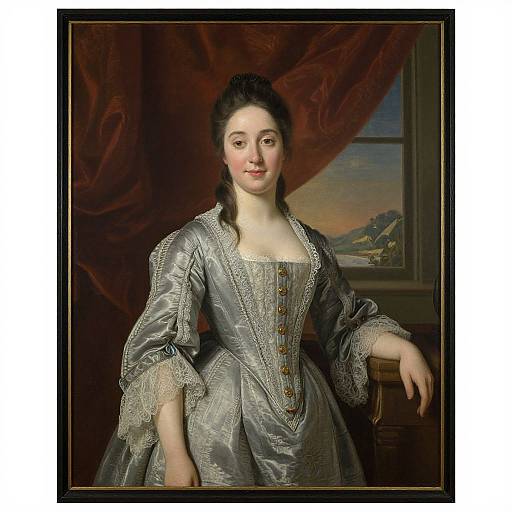18th-century portrait of a fair-skinned woman with dark hair in an elaborate silver-gray dress, lace trim, and buttons, standing in front of