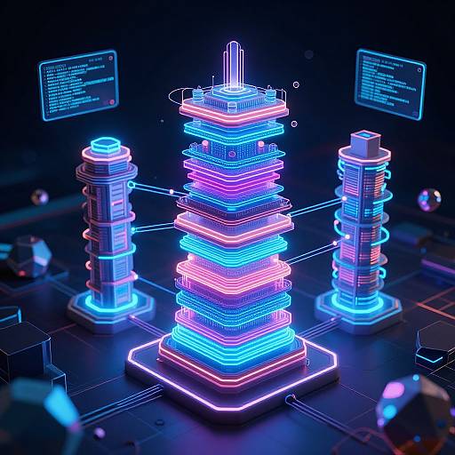 Neon-lit, futuristic digital stack tower with glowing blue, pink, and purple lights, flanked by cylindrical towers, set on a dark,