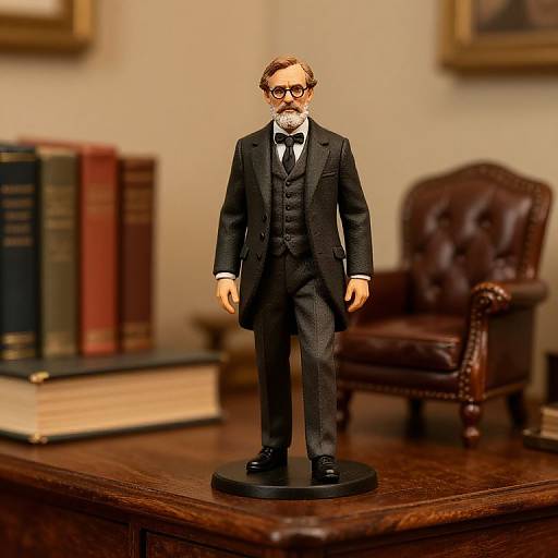 Photograph of a detailed figurine of an older man with glasses, black suit, white shirt, and tie, standing on a wooden desk with books