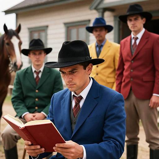 Western Men in Attire with Red Book