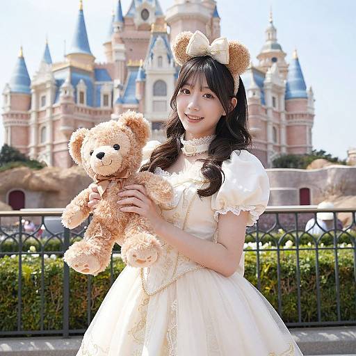 Asian girl in white lace dress with bear hair accessory, holding teddy bear, in front of colorful castle, bright sunny day.