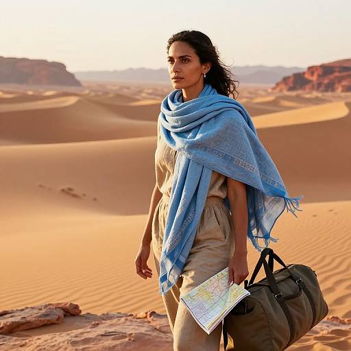 Photograph of a dark-haired woman with olive skin, wearing a blue scarf and beige dress, holding a map and bag, walking through a sunlit