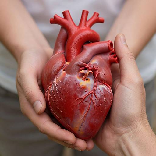 Photograph of a person's hands holding a detailed, red artificial human heart model with visible arteries and veins, background slightly blurred.