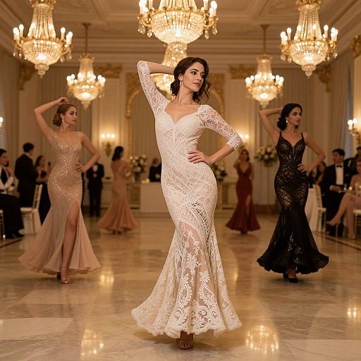 Photograph of a glamorous fashion show in an opulent ballroom with chandeliers, featuring models in lace dresses, including a center model in a