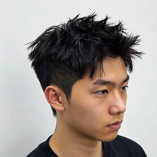 Photograph of an Asian young man with spiky black hair, light skin, black shirt, and focused expression against a plain white background.