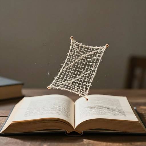 Photograph of an open book with a glowing, sparkling spider web floating above it, set on a wooden table.