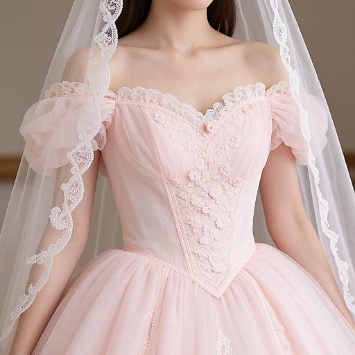 Photograph of a woman in a pale pink, off-shoulder, lace-trimmed wedding dress with puffed sleeves and a sheer lace veil