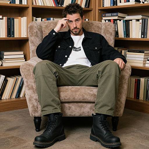 Photograph of a bearded man with curly hair, wearing a black jacket, white shirt, green pants, and black boots, sitting in a beige