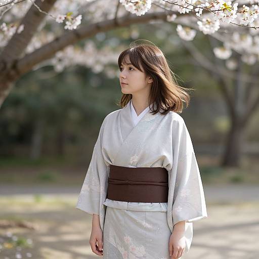 Young Woman in Grey Kimono Under Cherry Blossoms