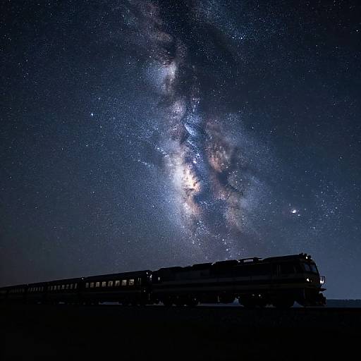 Photograph of a silhouetted train under a stunning, star-filled night sky with the Milky Way prominently visible, creating a cosmic contrast.