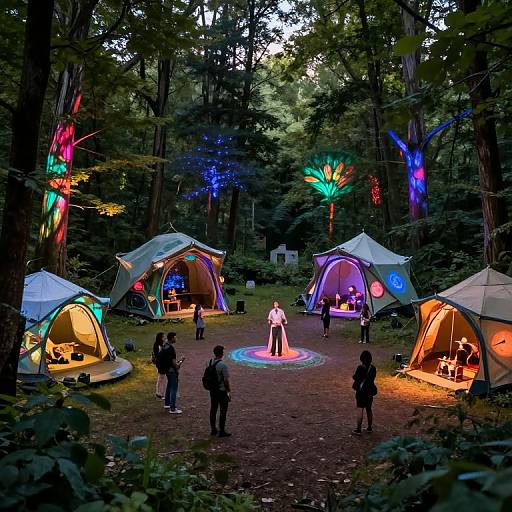Photograph of a magical forest campsite with colorful, glowing tents, illuminated trees, and people gathered around a central, brightly lit figure on a circular