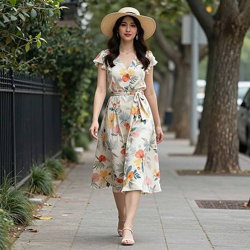 Photograph of an Asian woman with long black hair, wearing a floral dress, beige hat, and sandals, walking on a tree-lined sidewalk.