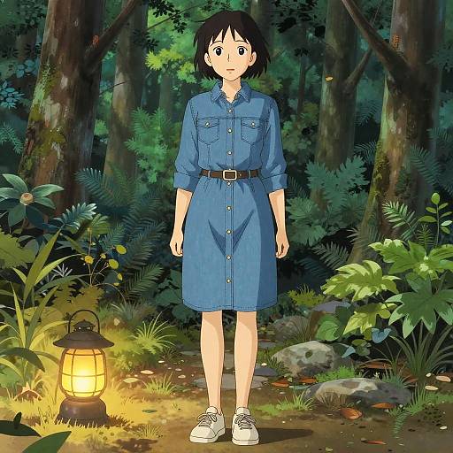 Chic Woman in Lantern-Lit Woodland