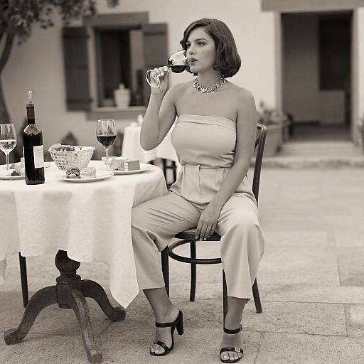 Black-and-white photograph of a woman with short dark hair, wearing a strapless white dress and necklace, sipping wine at an outdoor table.