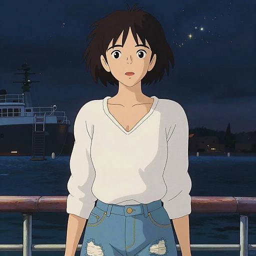 Anime-style drawing of a young woman with short black hair, wearing a white V-neck shirt and blue jeans, standing by a waterfront at night. Background
