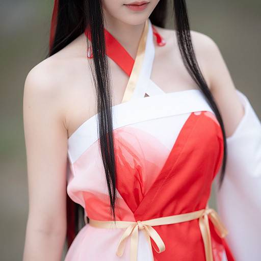 Photograph of a young Asian woman with long black hair, wearing a red and white traditional Japanese kimono with white sleeves and a yellow obi belt