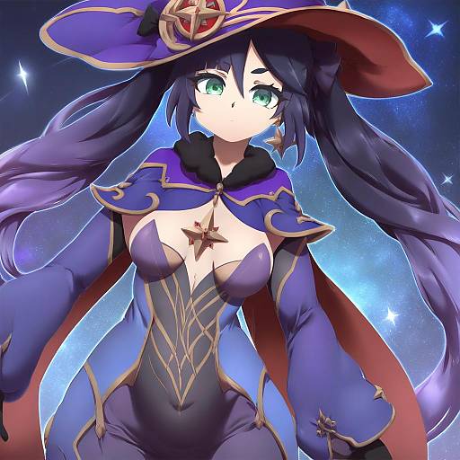 Illustration of Mona (pact of stars and moon) (genshin impact), genshin impact in the style of Tokyo (great akuta)