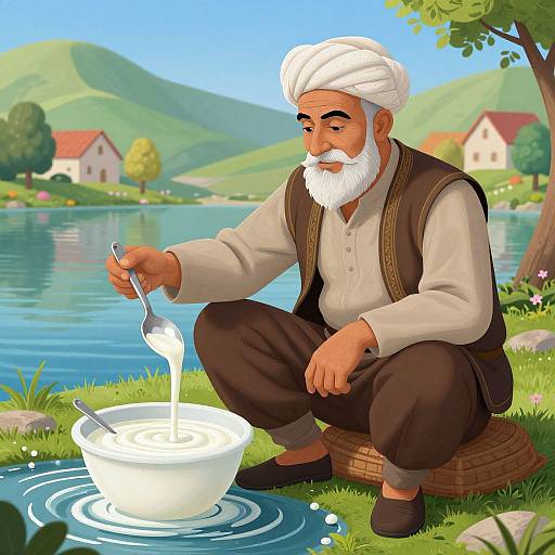 Digital illustration of an elderly bearded man with white turban, brown vest, and white shirt, stirring milk in a bowl by a serene lake,