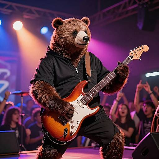 Photograph of a brown bear in a black hoodie playing a sunburst electric guitar on a vibrant stage with cheering crowd.